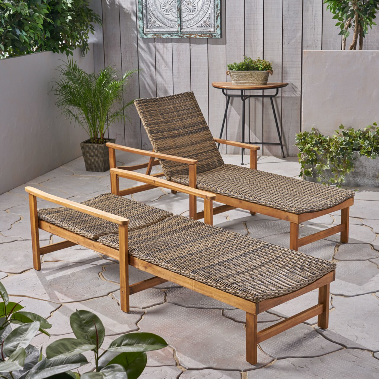 GDFStudio Kyle Outdoor Rustic Acacia Wood Chaise Lounge with Wicker Seat